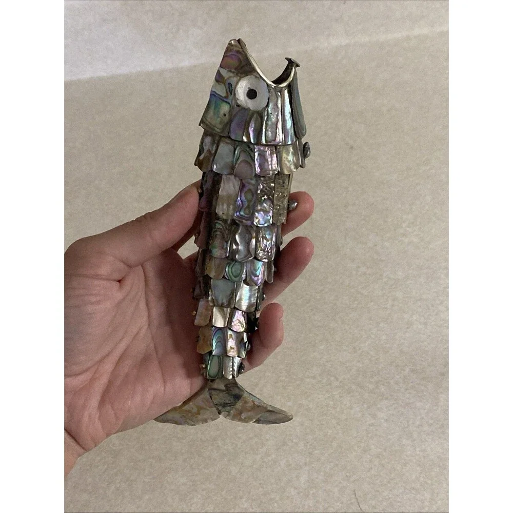 VINTAGE ARTICULATED FISH BOTTLE OPENER MOTHER OF PEARL ABALONE SHELL MEXICO